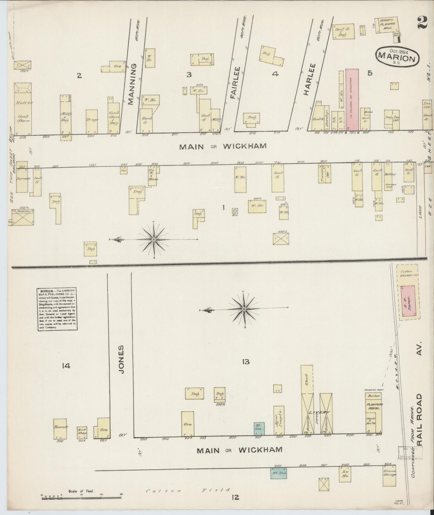 Sanborn Fire Insurance Map from Marion, Marion County, South Carolina (1884), Sheet #0002 - Complete Map Set gallery image, historic Sanborn map, vintage wall art, South Carolina South Carolina