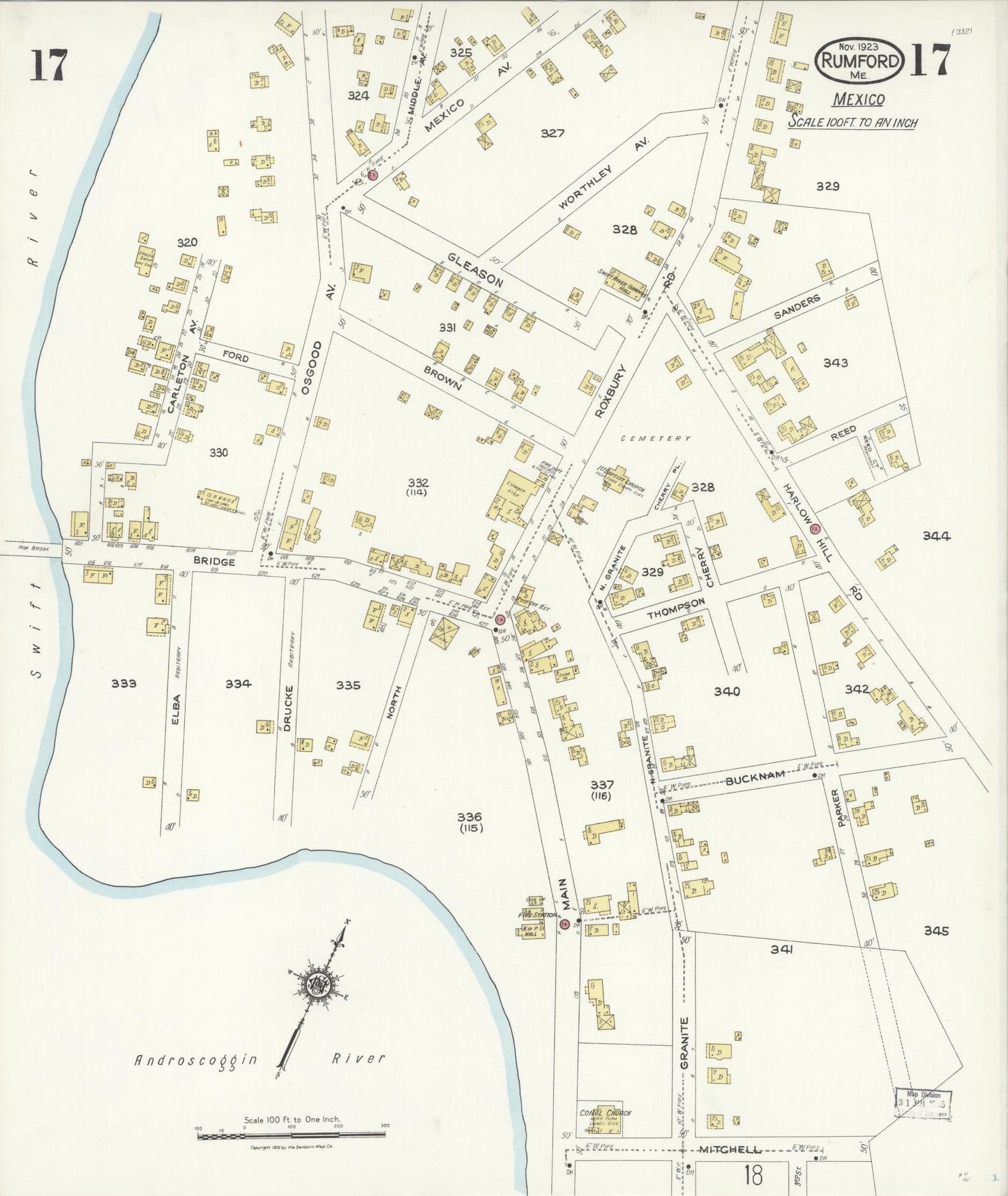 Sanborn Fire Insurance Map from Rumford, Oxford County, Maine (1923), Sheet #0017 - Complete Map Set gallery image, historic Sanborn map, vintage wall art, Maine Maine