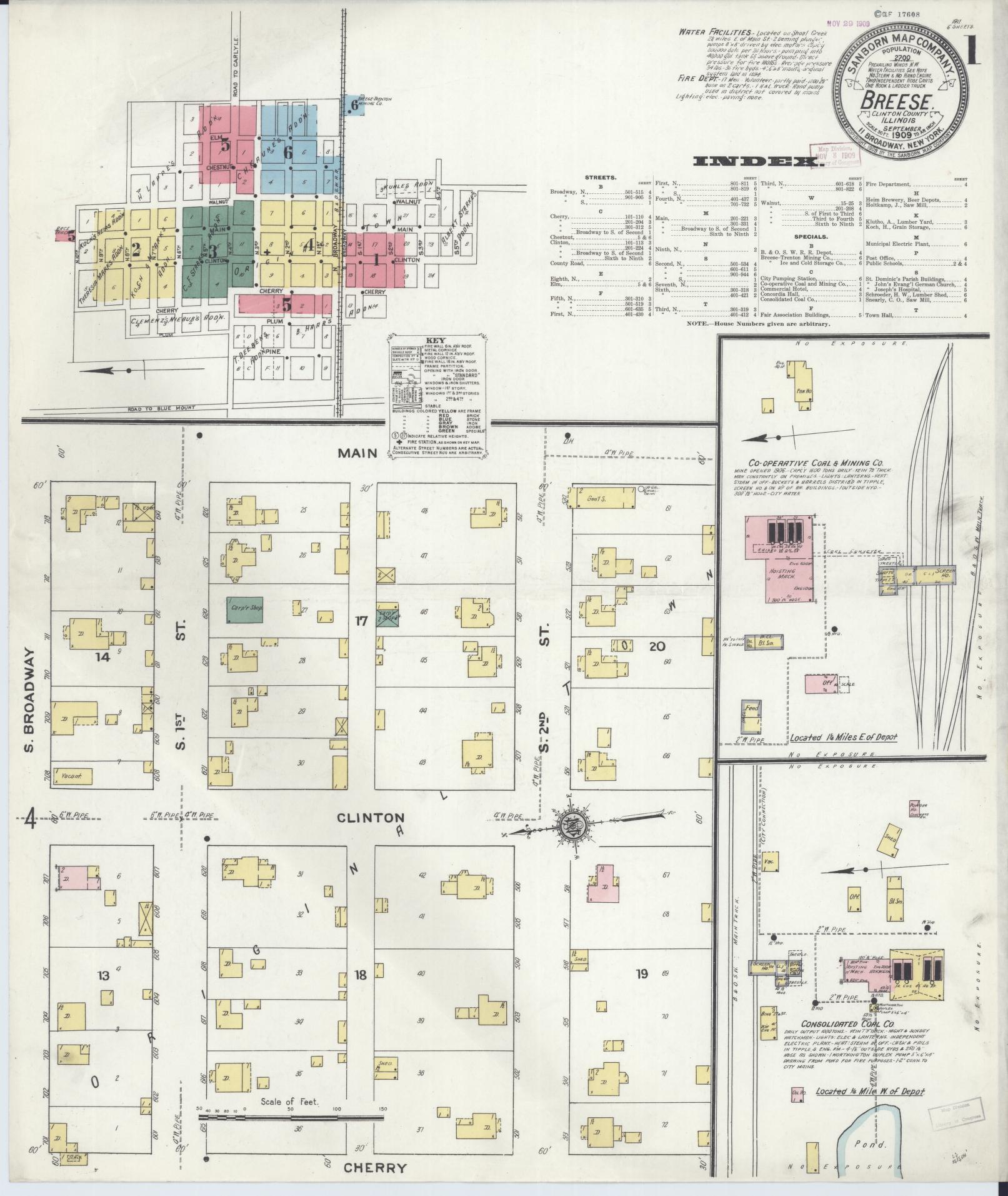 Sanborn Fire Insurance Map from Breese, Clinton County, Illinois (1909), Sheet #0001 - Complete Map Set gallery image, historic Sanborn map, vintage wall art, Illinois Illinois