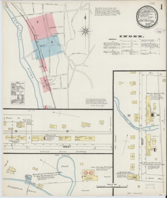 Sanborn Fire Insurance Map from New Milford, Litchfield County, Connecticut (1887), Sheet #0001 - Historic Sanborn Fire Insurance Map Print, vintage old map wall art, antique decor, genealogy gift, Connecticut Connecticut map
