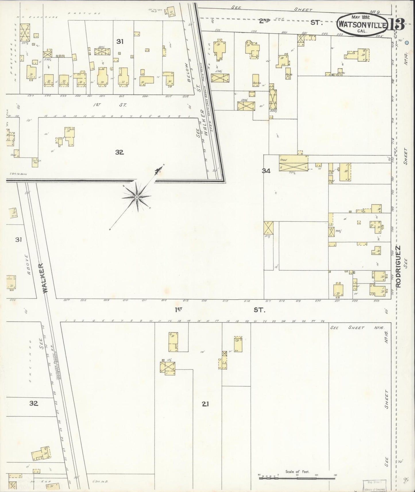 Sanborn Fire Insurance Map from Watsonville, Santa Cruz County, California (1892), Sheet #0013 - Complete Map Set gallery image, historic Sanborn map, vintage wall art, California California