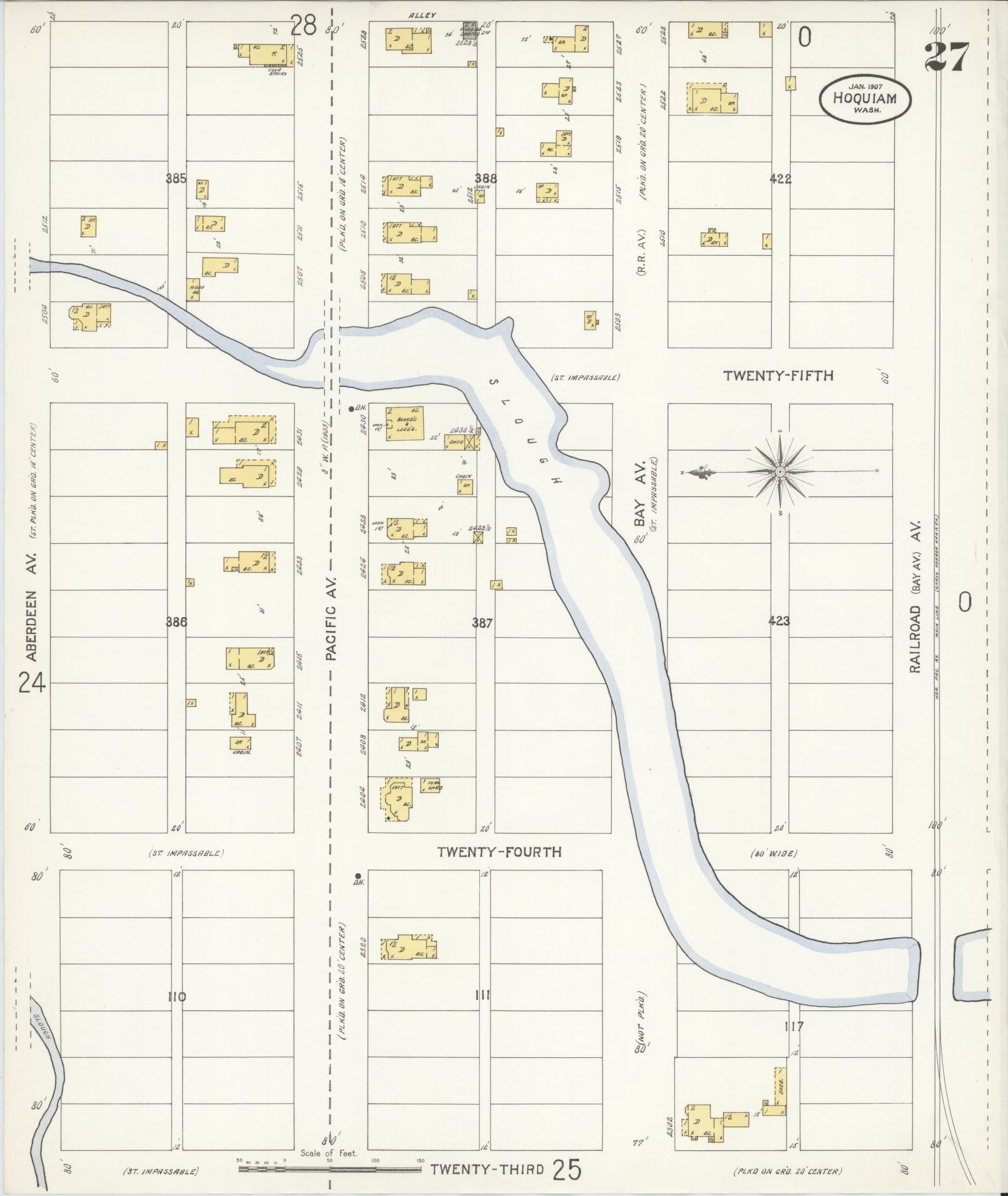 Sanborn Fire Insurance Map from Hoquiam, Grays Harbor County, Washington (1907), Sheet #0027 - Complete Map Set gallery image, historic Sanborn map, vintage wall art, Washington Washington