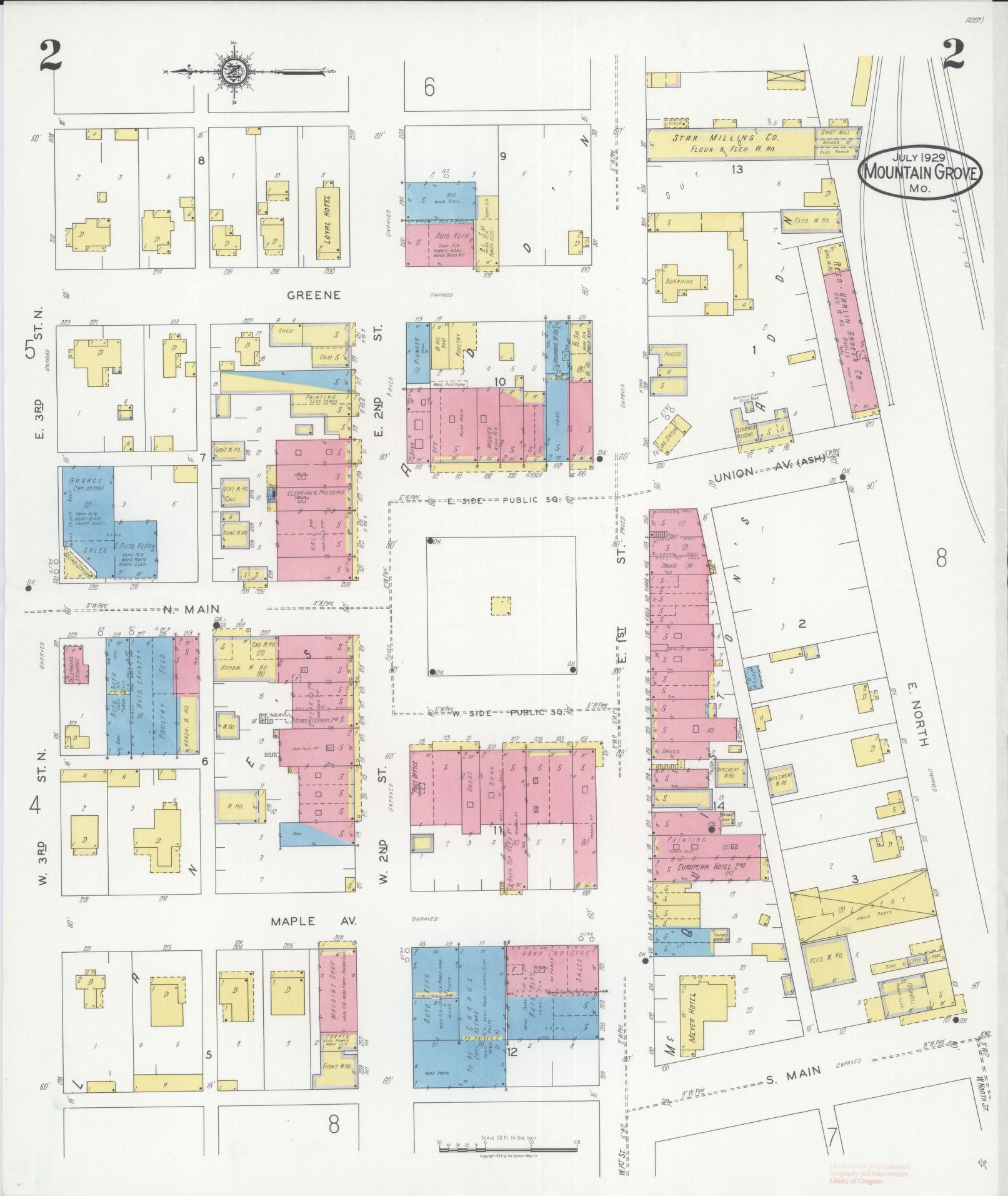 Sanborn Fire Insurance Map from Mountain Grove, Wright County, Missouri (1929), Sheet #0002 - Complete Map Set gallery image, historic Sanborn map, vintage wall art, Missouri Missouri