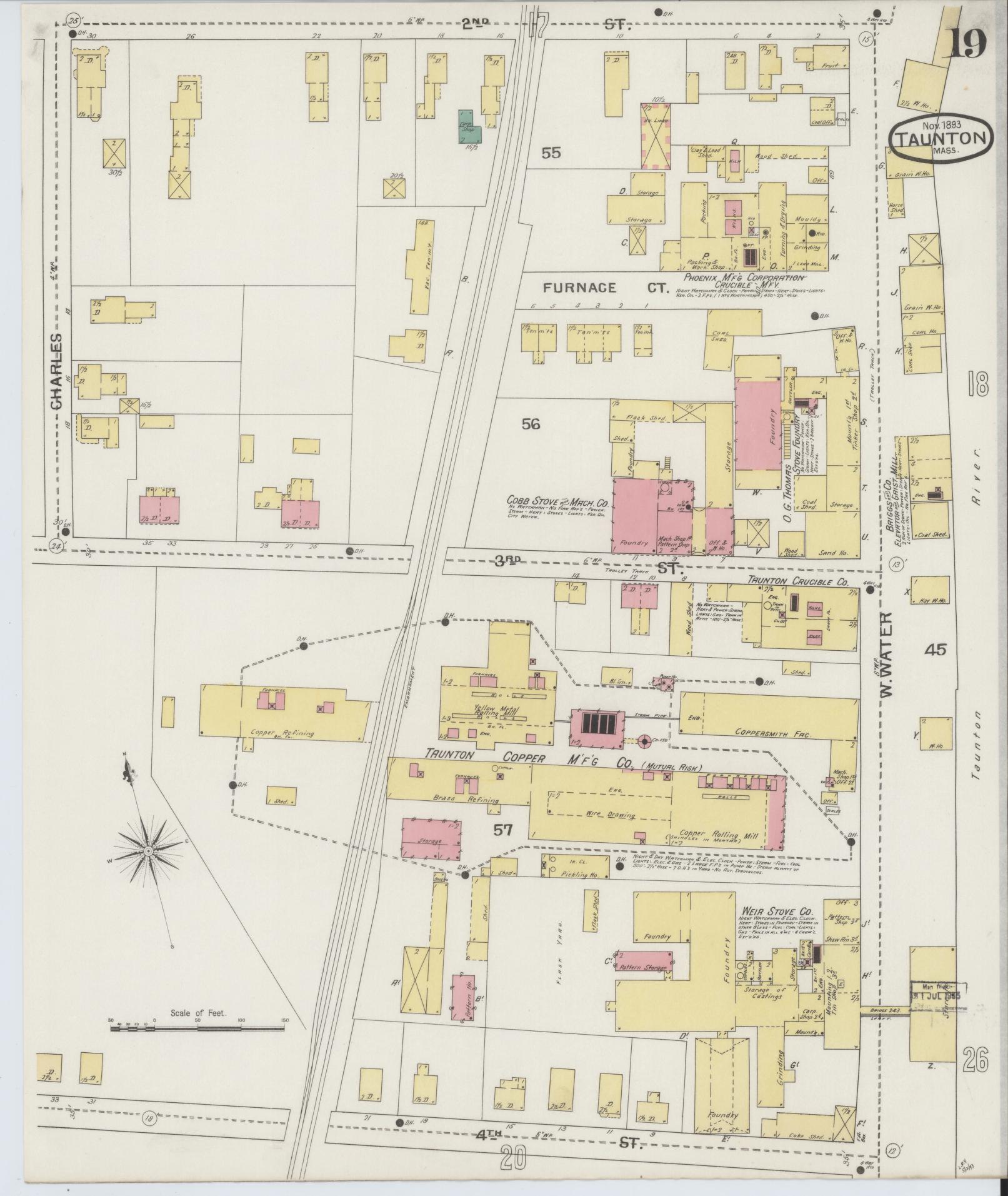 Sanborn Fire Insurance Map from Taunton, Bristol County, Massachusetts (1893), Sheet #0019 - Complete Map Set gallery image, historic Sanborn map, vintage wall art, Massachusetts Massachusetts