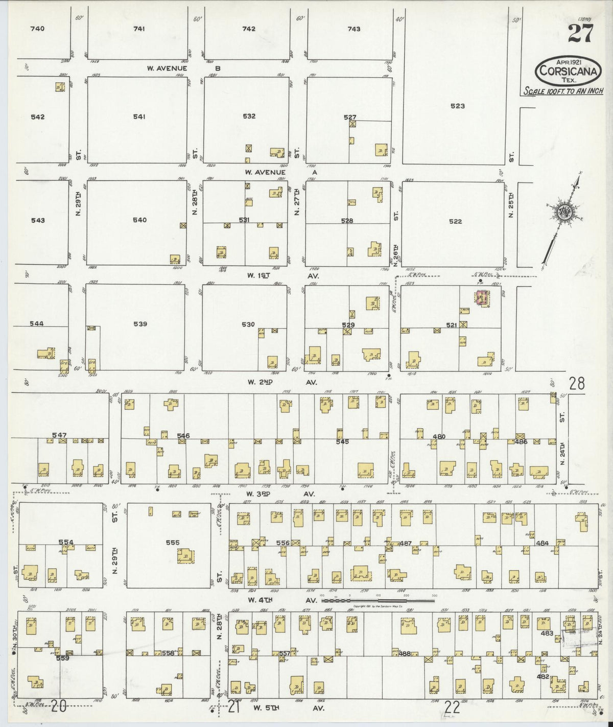 Sanborn Fire Insurance Map from Corsicana, Navarro County, Texas (1921), Sheet #0027 - Complete Map Set gallery image, historic Sanborn map, vintage wall art, Texas Texas
