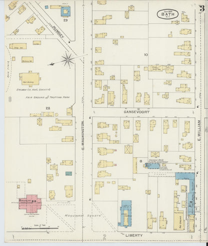 Sanborn Fire Insurance Map from Bath, Steuben County, New York (1893), Sheet #0003 - Historic Sanborn Fire Insurance Map Print, vintage old map wall art, antique decor, genealogy gift, New York New York map