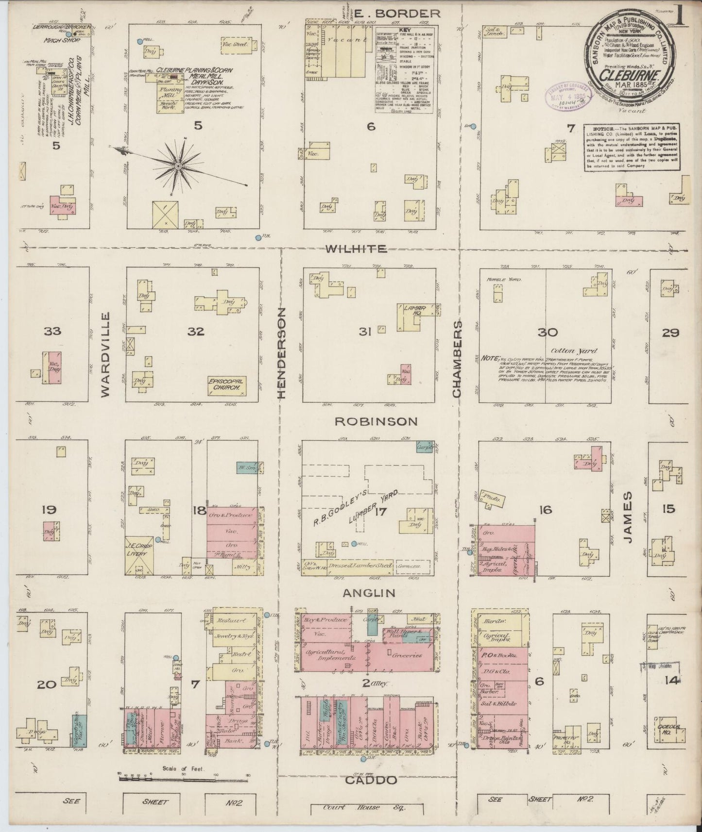 Sanborn Fire Insurance Map from Cleburne, Johnson County, Texas (1885), Sheet #0001 - Historic Sanborn Fire Insurance Map Print, vintage old map wall art, antique decor, genealogy gift, Texas Texas map