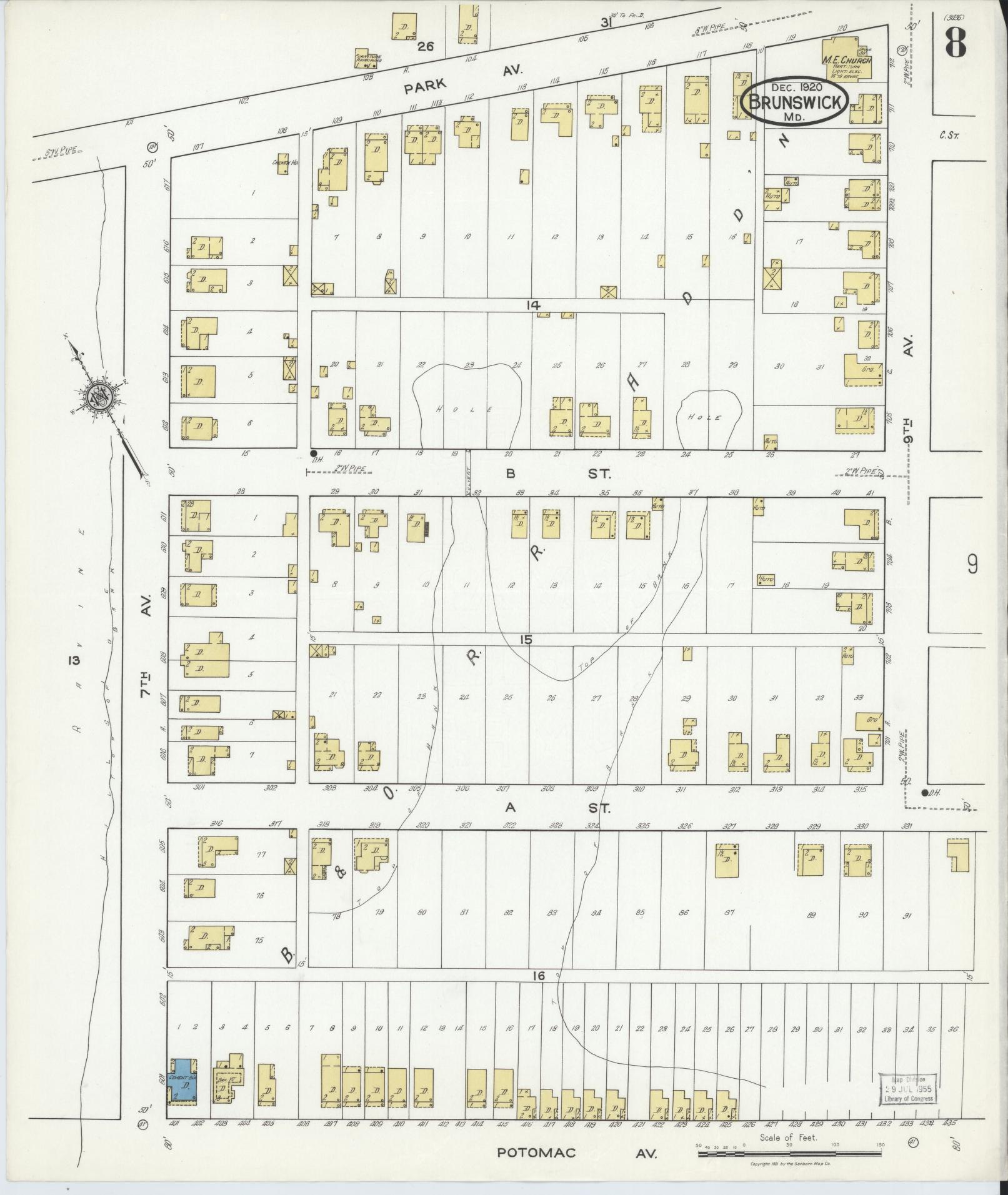 Frederick, Maryland - 1920 - Sanborn Fire Insurance Map, Sheet #0008 - Historic Sanborn Fire Insurance Map Print, Frederick Maryland 1920 0008 vintage old map wall art