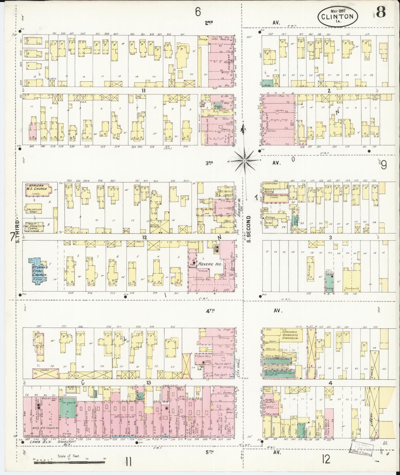 Sanborn Fire Insurance Map from Clinton, Clinton County, Iowa (1897), Sheet #0008 - Historic Sanborn Fire Insurance Map Print, vintage old map wall art