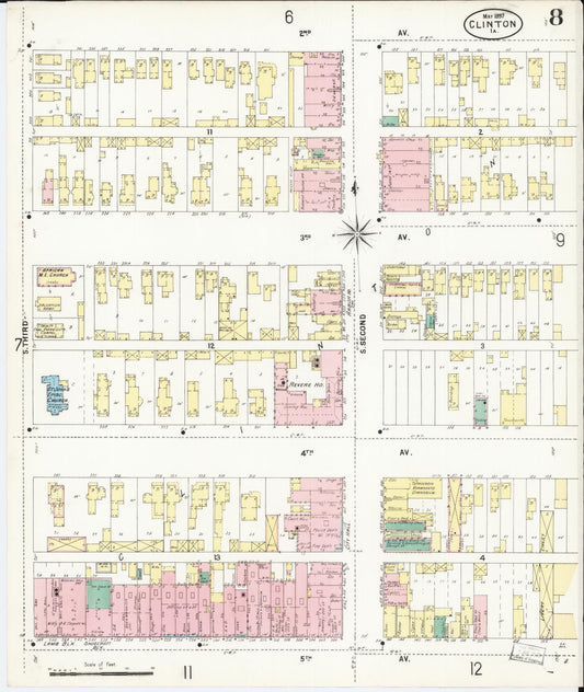 Sanborn Fire Insurance Map from Clinton, Clinton County, Iowa (1897), Sheet #0008 - Historic Sanborn Fire Insurance Map Print, vintage old map wall art