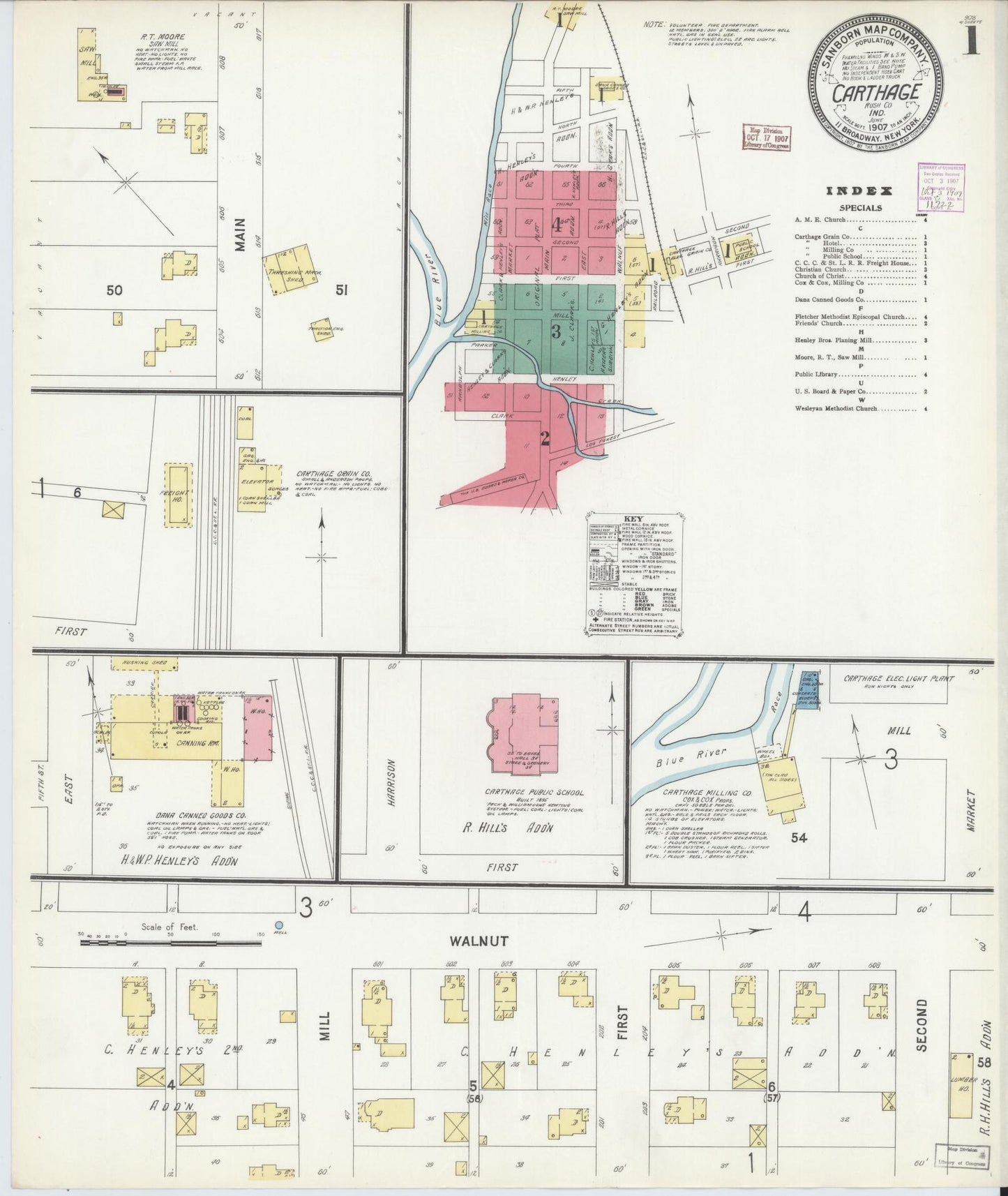 Sanborn Fire Insurance Map from Carthage, Rush County, Indiana (1907), Sheet #0001 - Historic Sanborn Fire Insurance Map Print, vintage old map wall art, antique decor, genealogy gift, Indiana Indiana map