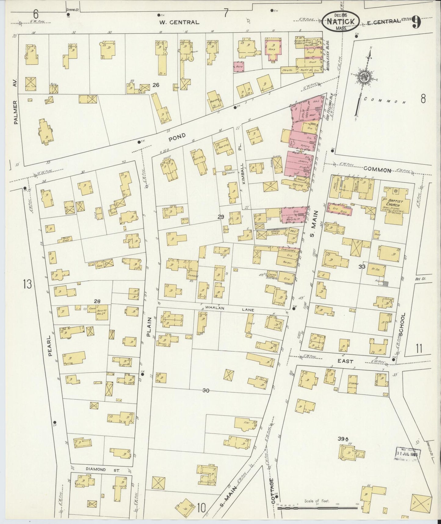 Sanborn Fire Insurance Map from Natick, Middlesex County, Massachusetts (1915), Sheet #0009 - Historic Sanborn Fire Insurance Map Print, vintage old map wall art, antique decor, genealogy gift, Massachusetts Massachusetts map