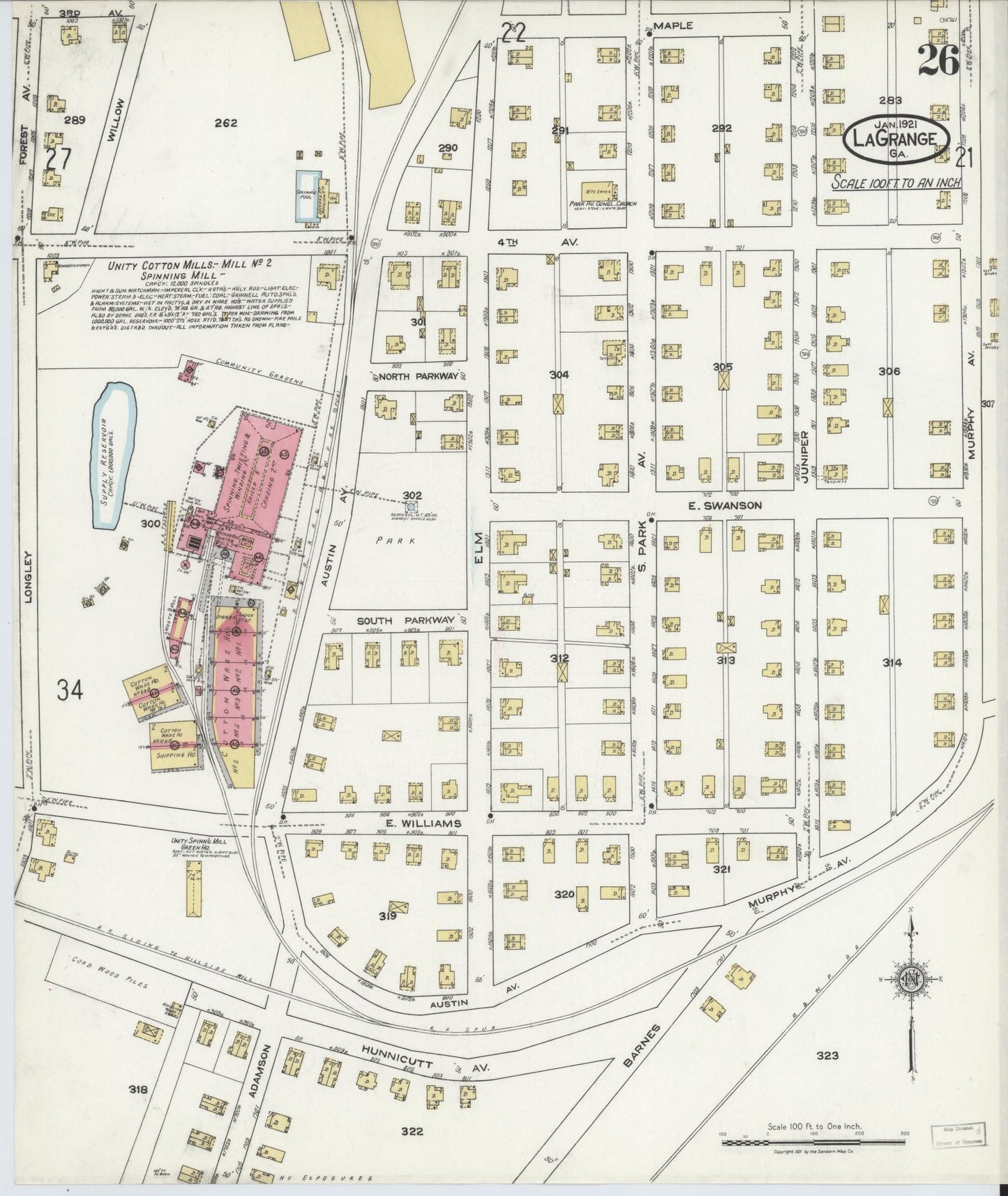 Sanborn Fire Insurance Map from La Grange, Troup County, Georgia (1921), Sheet #0026 - Historic Sanborn Fire Insurance Map Print, vintage old map wall art, antique decor, genealogy gift, Georgia Georgia map