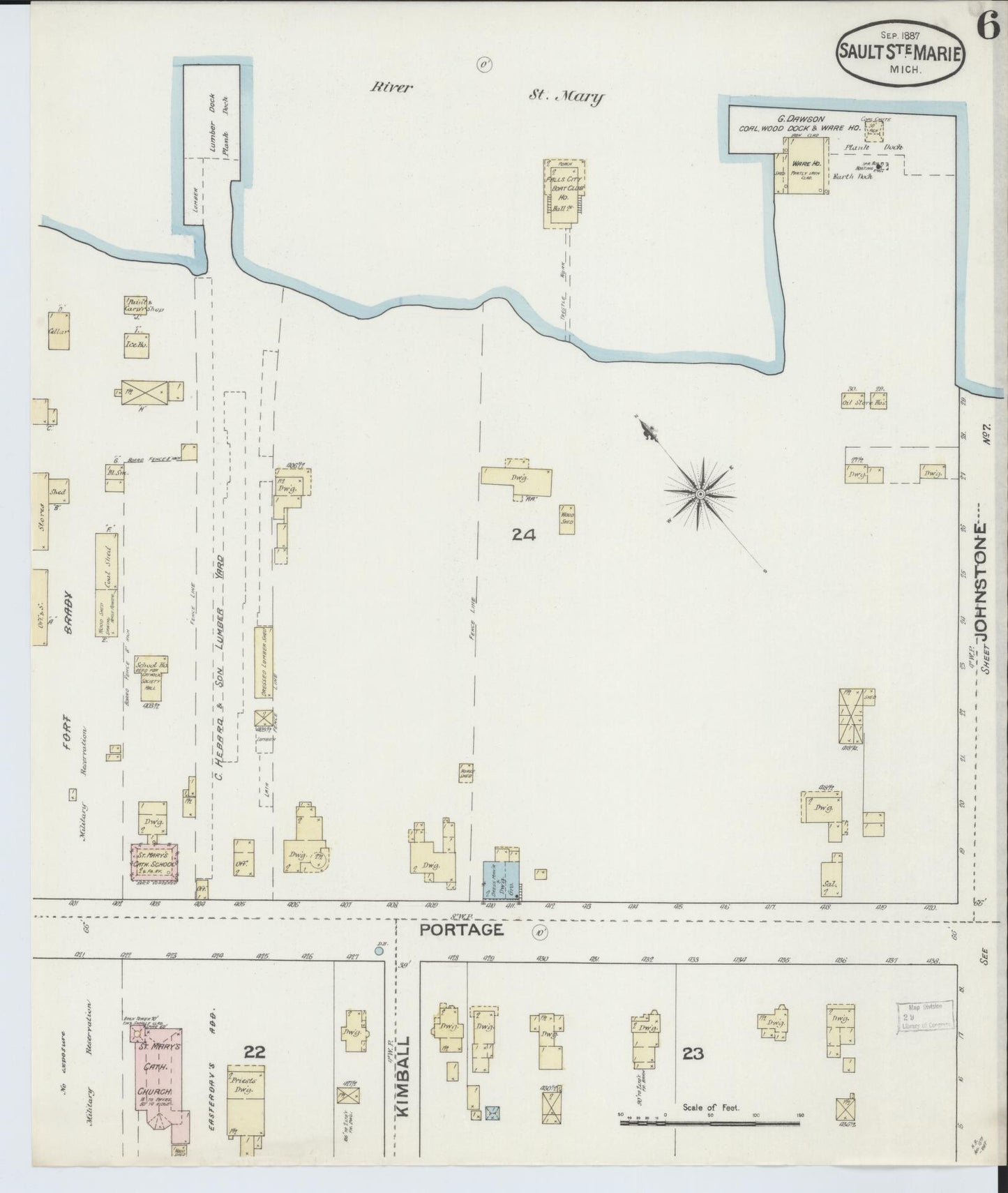 Sanborn Fire Insurance Map from Sault Sainte Marie, Chippewa County, Michigan (1887), Sheet #0006 - Complete Map Set gallery image, historic Sanborn map, vintage wall art, Michigan Michigan