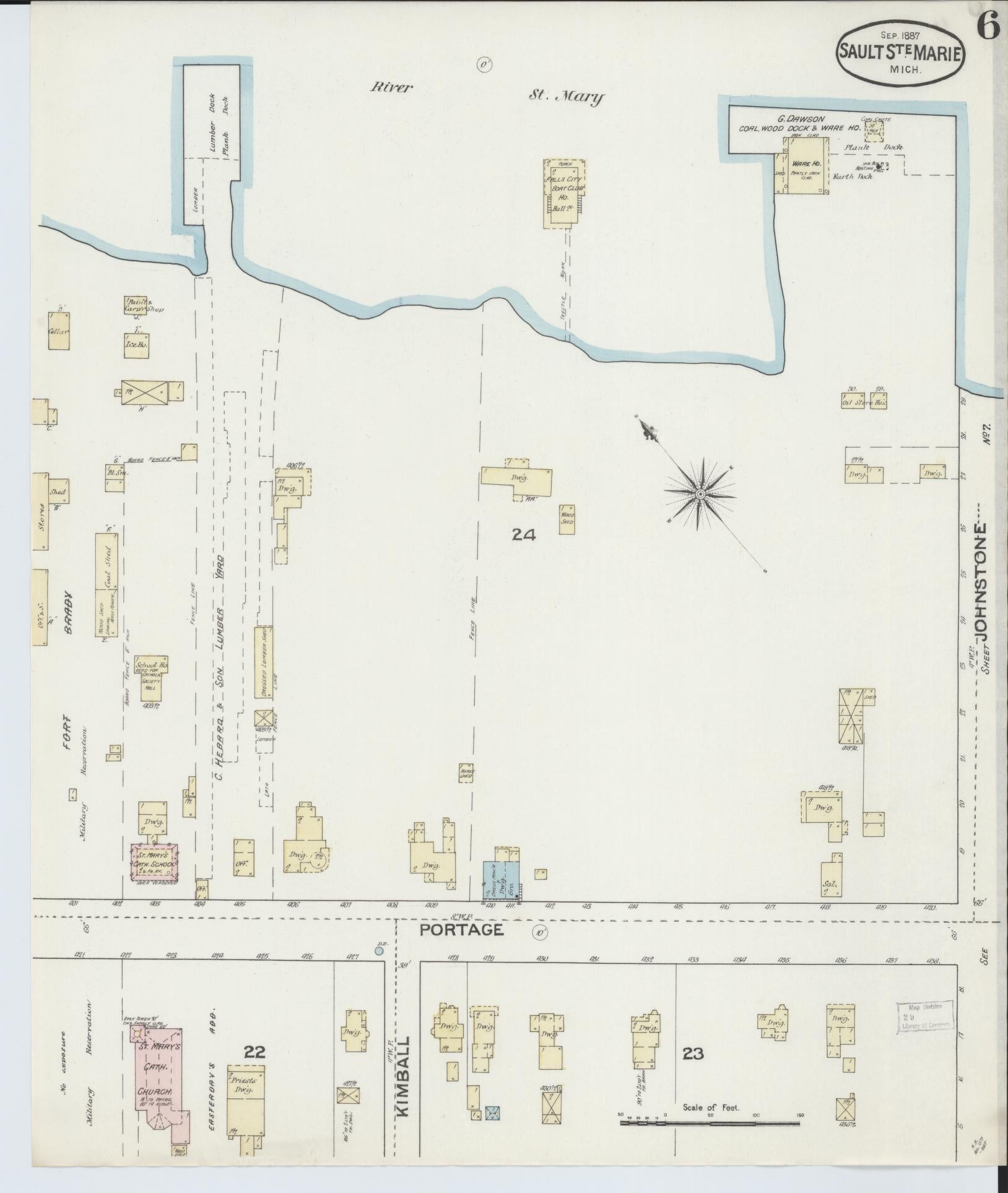 Sanborn Fire Insurance Map from Sault Sainte Marie, Chippewa County, Michigan (1887), Sheet #0006 - Complete Map Set gallery image, historic Sanborn map, vintage wall art, Michigan Michigan