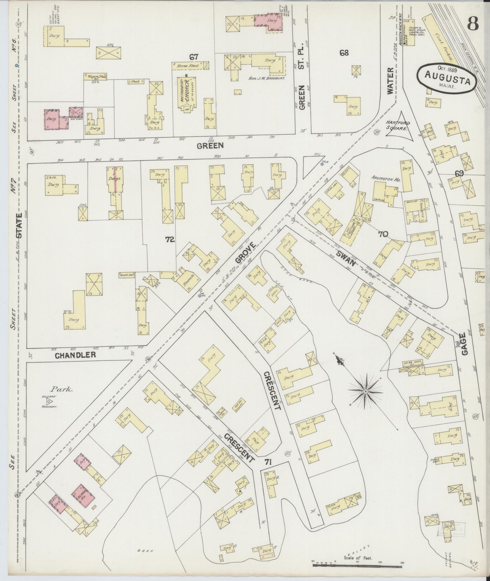 Sanborn Fire Insurance Map from Augusta, Kennebec County, Maine (1889), Sheet #0008 - Historic Sanborn Fire Insurance Map Print, vintage old map wall art, antique decor, genealogy gift, Maine Maine map