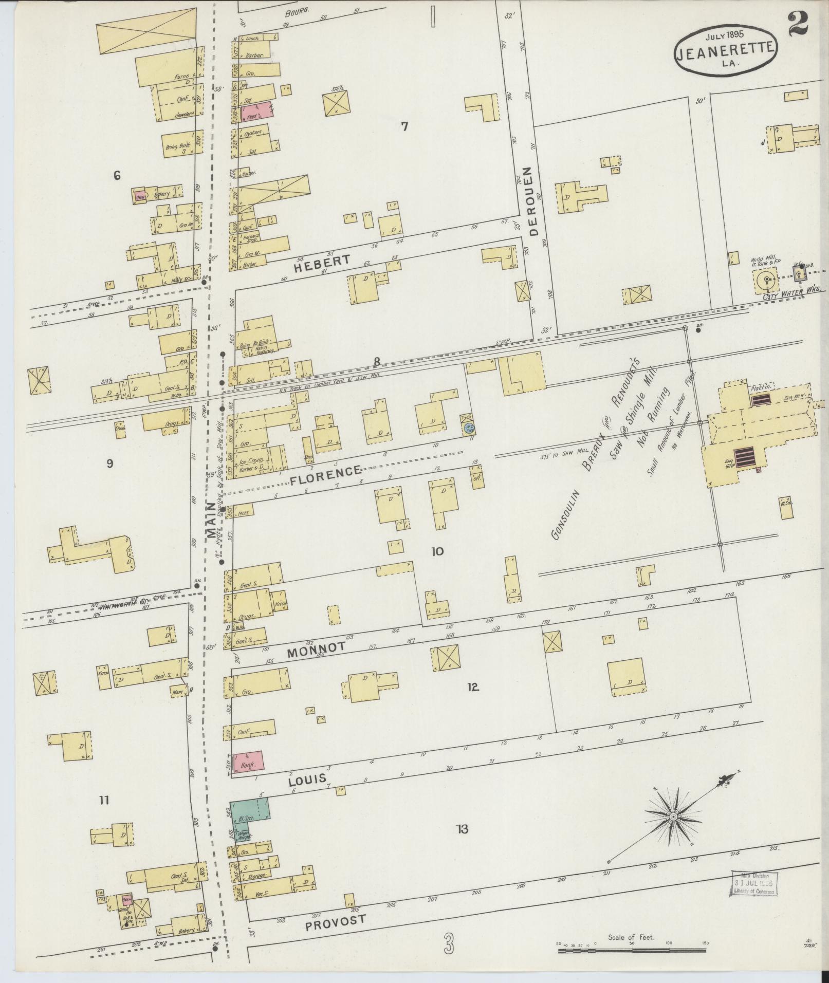 Sanborn Fire Insurance Map from Jeannerette, Iberia Parish, Louisiana (1895), Sheet #0002 - Historic Sanborn Fire Insurance Map Print, vintage old map wall art, antique decor, genealogy gift, Louisiana Louisiana map