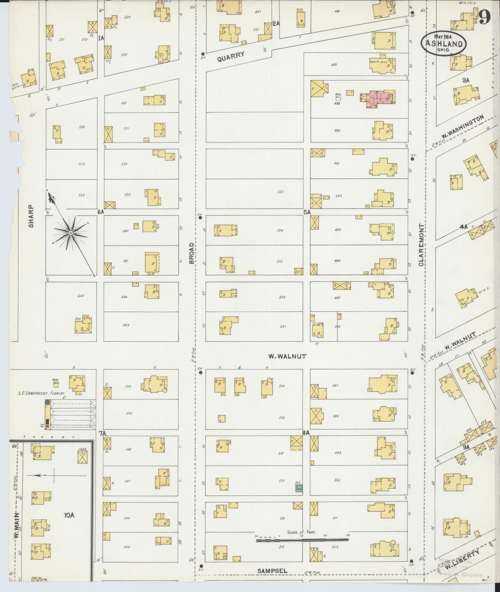Sanborn Fire Insurance Map from Ashland, Ashland County, Ohio (1904), Sheet #0009 - Historic Sanborn Fire Insurance Map Print, vintage old map wall art, antique decor, genealogy gift, Ohio Ohio map