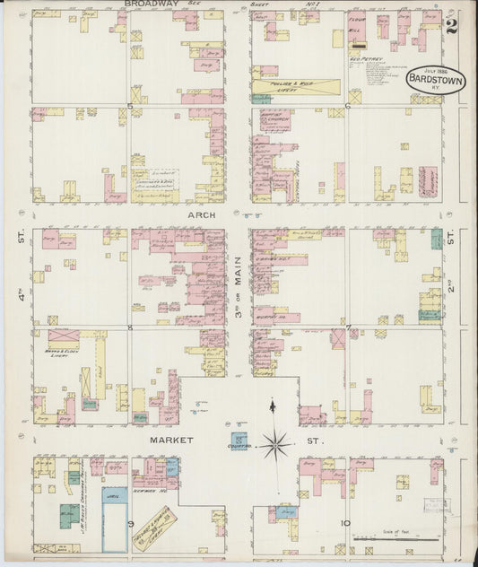 Sanborn Fire Insurance Map from Bardstown, Nelson County, Kentucky (1886), Sheet #0002 - Historic Sanborn Fire Insurance Map Print, vintage old map wall art, antique decor, genealogy gift, Kentucky Kentucky map