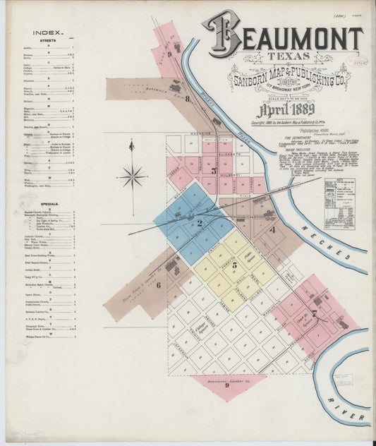 Sanborn Fire Insurance Map from Beaumont, Jefferson County, Texas (1889), Sheet #0001 - Historic Sanborn Fire Insurance Map Print, vintage old map wall art, antique decor, genealogy gift, Texas Texas map