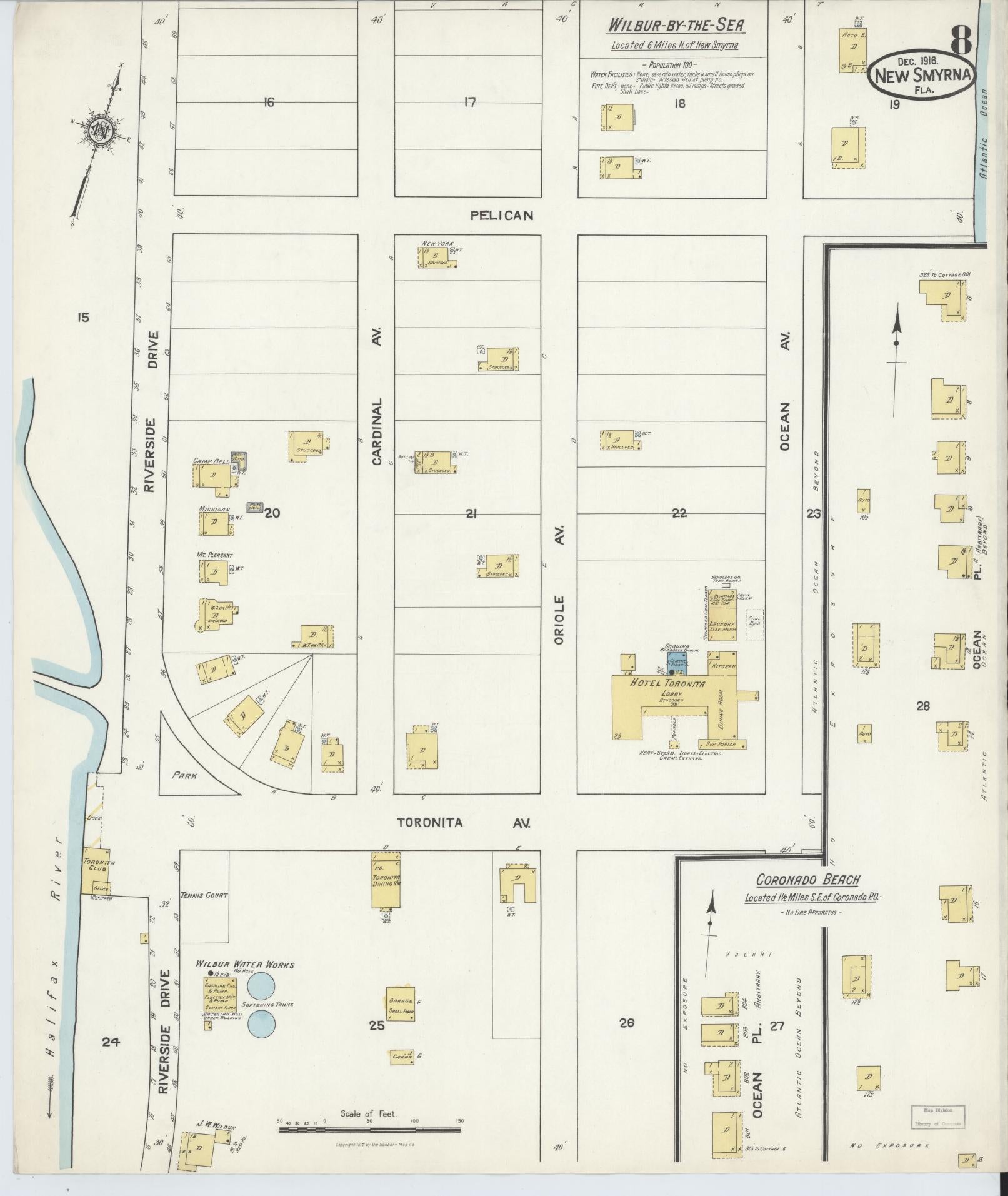 Sanborn Fire Insurance Map from New Smyrna, Valusia County, Florida (1916), Sheet #0008 - Historic Sanborn Fire Insurance Map Print, vintage old map wall art, antique decor, genealogy gift, Florida Florida map