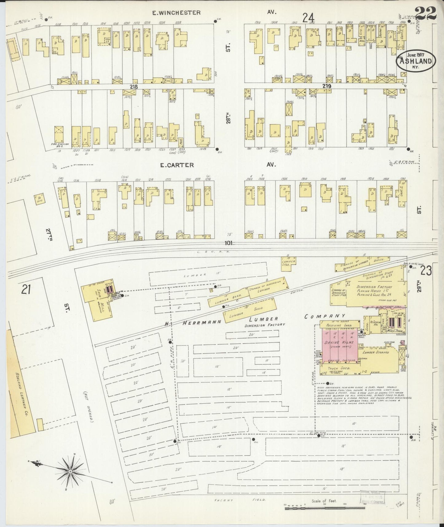 Sanborn Fire Insurance Map from Ashland, Boyd County, Kentucky (1907), Sheet #0022 - Historic Sanborn Fire Insurance Map Print, vintage old map wall art, antique decor, genealogy gift, Kentucky Kentucky map