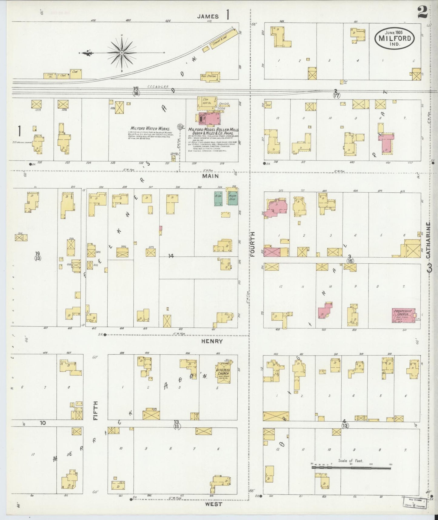 Sanborn Fire Insurance Map from Milford, Kosciusko County, Indiana (1905), Sheet #0002 - Historic Sanborn Fire Insurance Map Print, vintage old map wall art, antique decor, genealogy gift, Indiana Indiana map