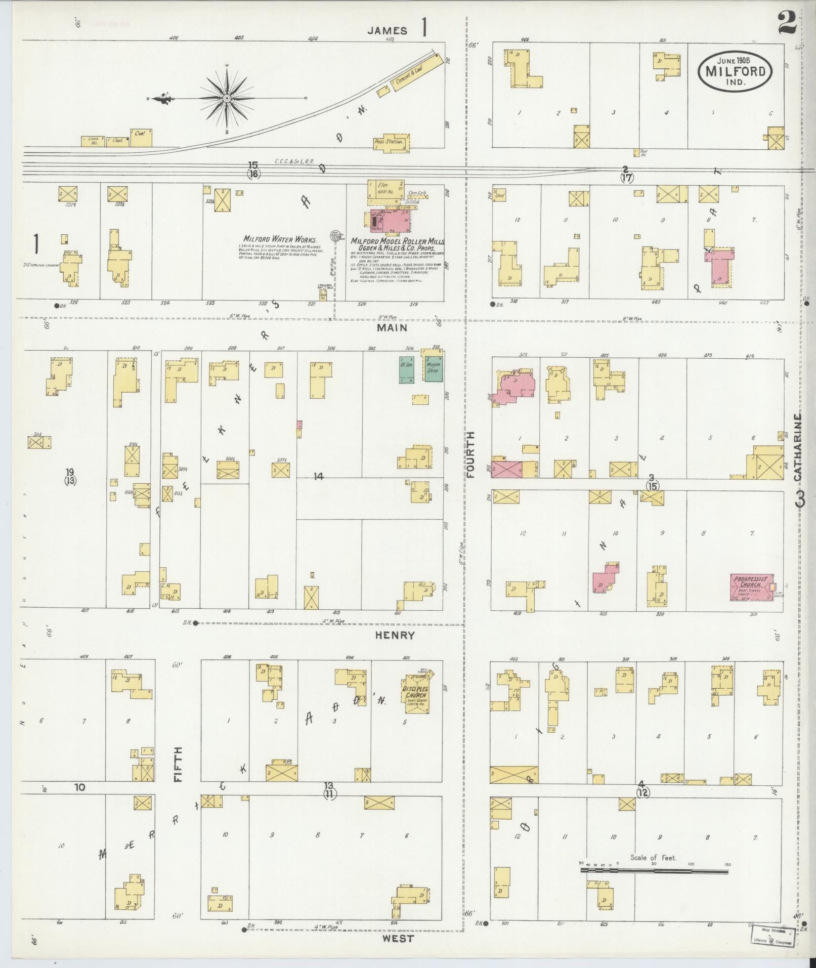 Sanborn Fire Insurance Map from Milford, Kosciusko County, Indiana (1905), Sheet #0002 - Historic Sanborn Fire Insurance Map Print, vintage old map wall art, antique decor, genealogy gift, Indiana Indiana map