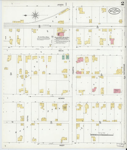 Sanborn Fire Insurance Map from Milford, Kosciusko County, Indiana (1905), Sheet #0002 - Historic Sanborn Fire Insurance Map Print, vintage old map wall art, antique decor, genealogy gift, Indiana Indiana map