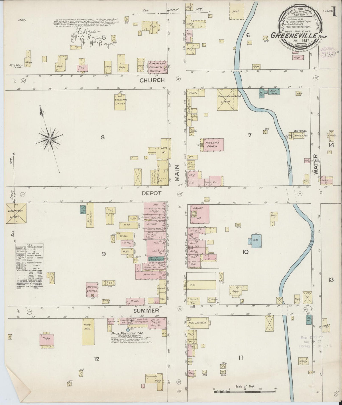 Sanborn Fire Insurance Map from Greeneville, Greene County, Tennessee (1887), Sheet #0001 - Complete Map Set gallery image, historic Sanborn map, vintage wall art, Tennessee Tennessee