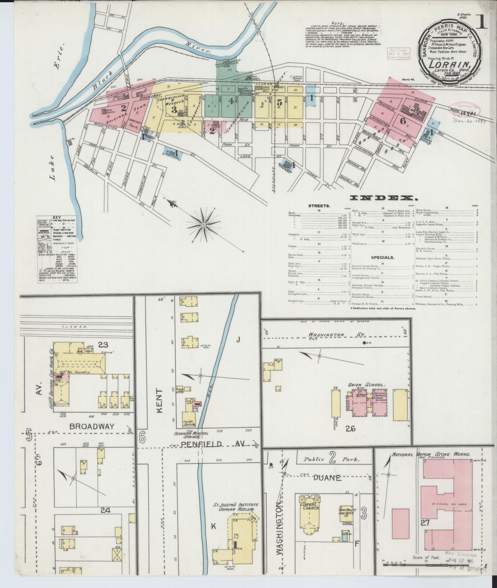 Sanborn Fire Insurance Map from Lorain, Lorain County, Ohio (1893), Sheet #0001 - Historic Sanborn Fire Insurance Map Print, vintage old map wall art, antique decor, genealogy gift, Ohio Ohio map