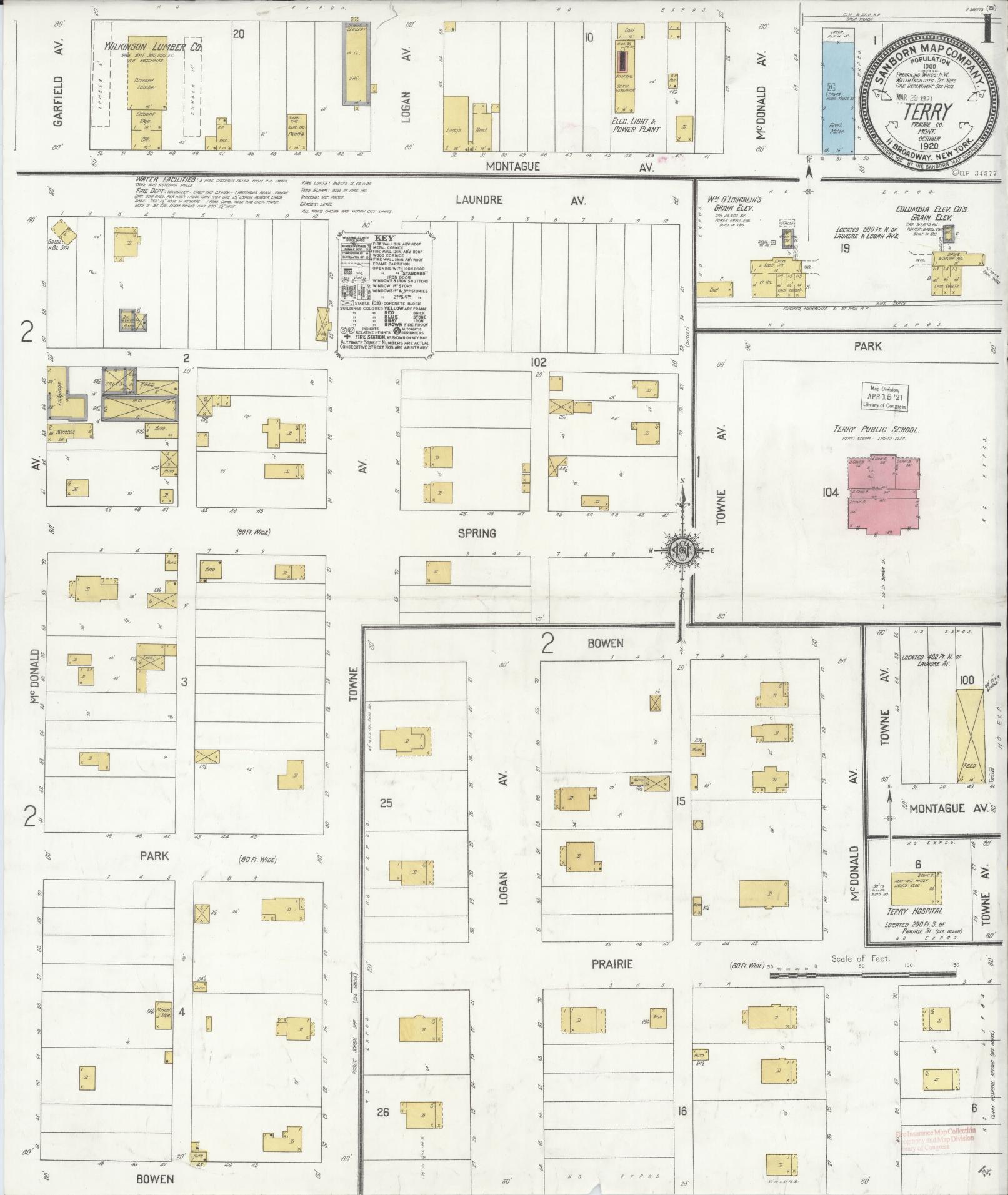 Sanborn Fire Insurance Map from Terry, Prairie County, Montana (1920), Sheet #0001 - Historic Sanborn Fire Insurance Map Print, vintage old map wall art, antique decor, genealogy gift, Montana Montana map