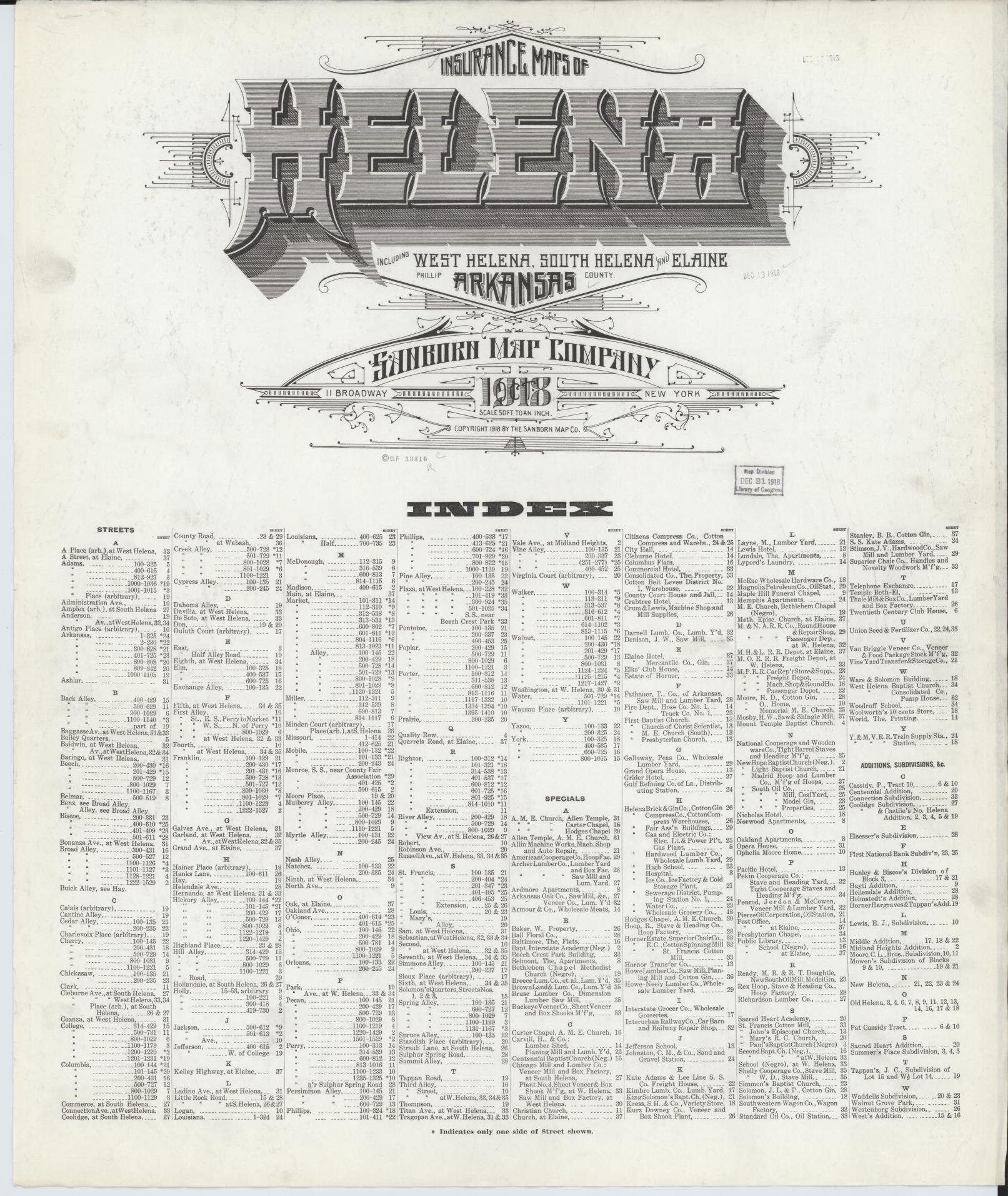 Sanborn Fire Insurance Map from Helena, Phillips County, Arkansas (1918), Sheet #0001 - Historic Sanborn Fire Insurance Map Print, vintage old map wall art, antique decor, genealogy gift, Arkansas Arkansas map