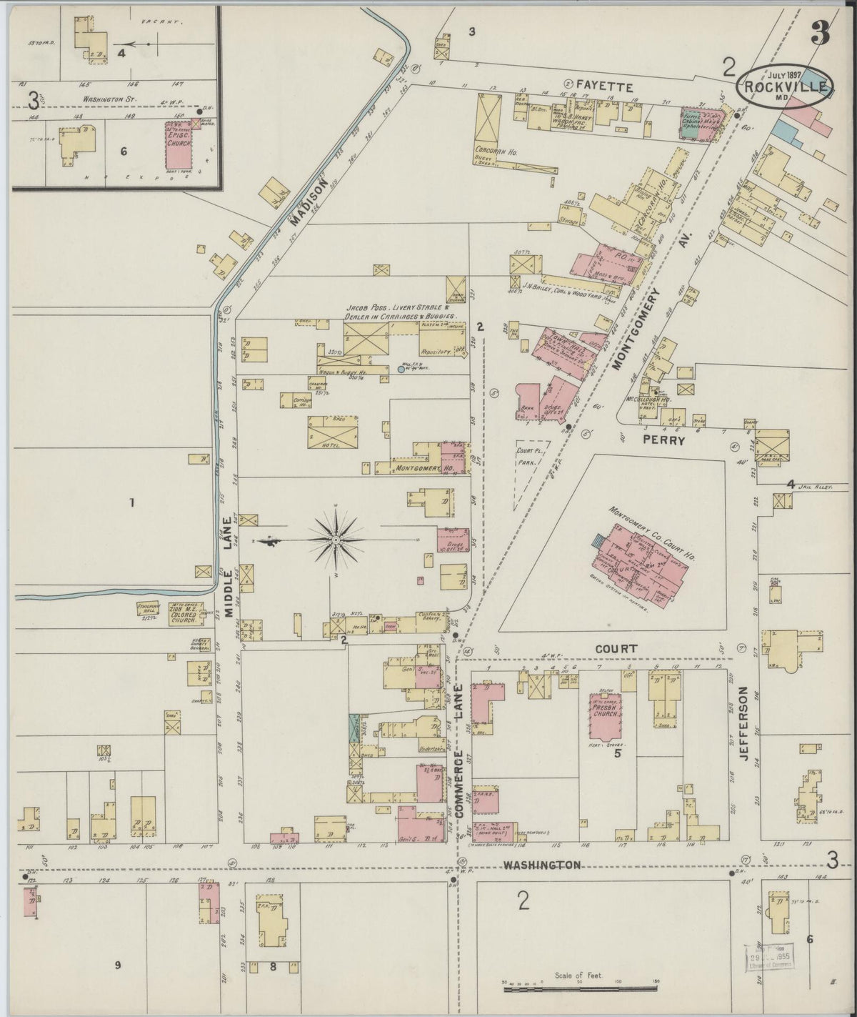 Sanborn Fire Insurance Map from Rockville, Montgomery County, Maryland (1897), Sheet #0003 - Historic Sanborn Fire Insurance Map Print, vintage old map wall art, antique decor, genealogy gift, Maryland Maryland map