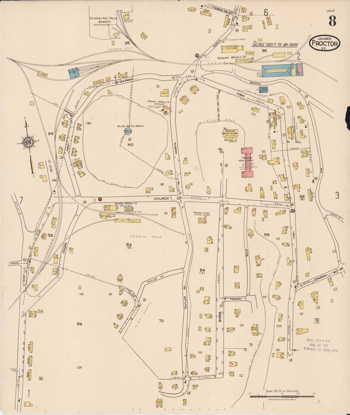 Sanborn Fire Insurance Map from Proctor, Rutland County, Vermont (1922), Sheet #0008 - Historic Sanborn Fire Insurance Map Print, vintage old map wall art, antique decor, genealogy gift, Vermont Vermont map