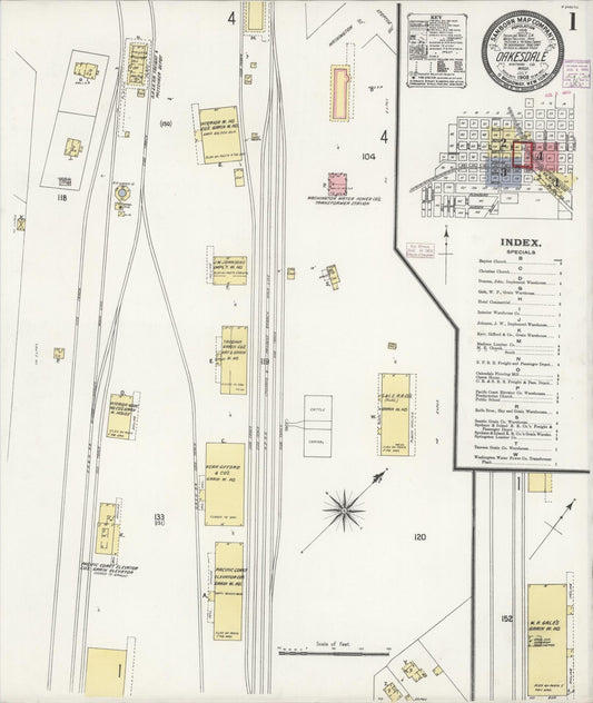 Sanborn Fire Insurance Map from Oakesdale, Whitman County, Washington (1908), Sheet #0001 - Complete Map Set gallery image, historic Sanborn map, vintage wall art, Washington Washington