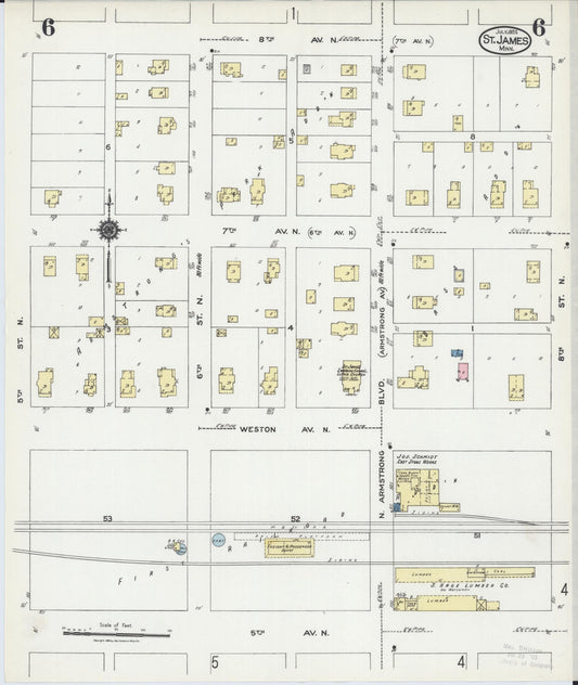 Sanborn Fire Insurance Map from Saint James, Watonwan County, Minnesota (1924), Sheet #0006 - Historic Sanborn Fire Insurance Map Print, vintage old map wall art, antique decor, genealogy gift, Minnesota Minnesota map