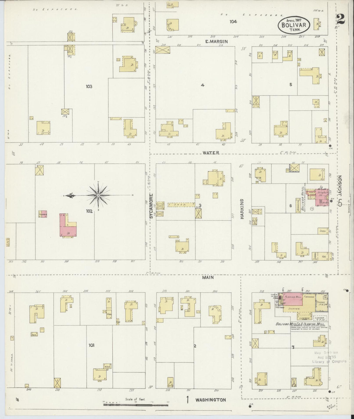 Sanborn Fire Insurance Map from Bolivar, Hardeman County, Tennessee (1907), Sheet #0002 - Complete Map Set gallery image, historic Sanborn map, vintage wall art, Tennessee Tennessee