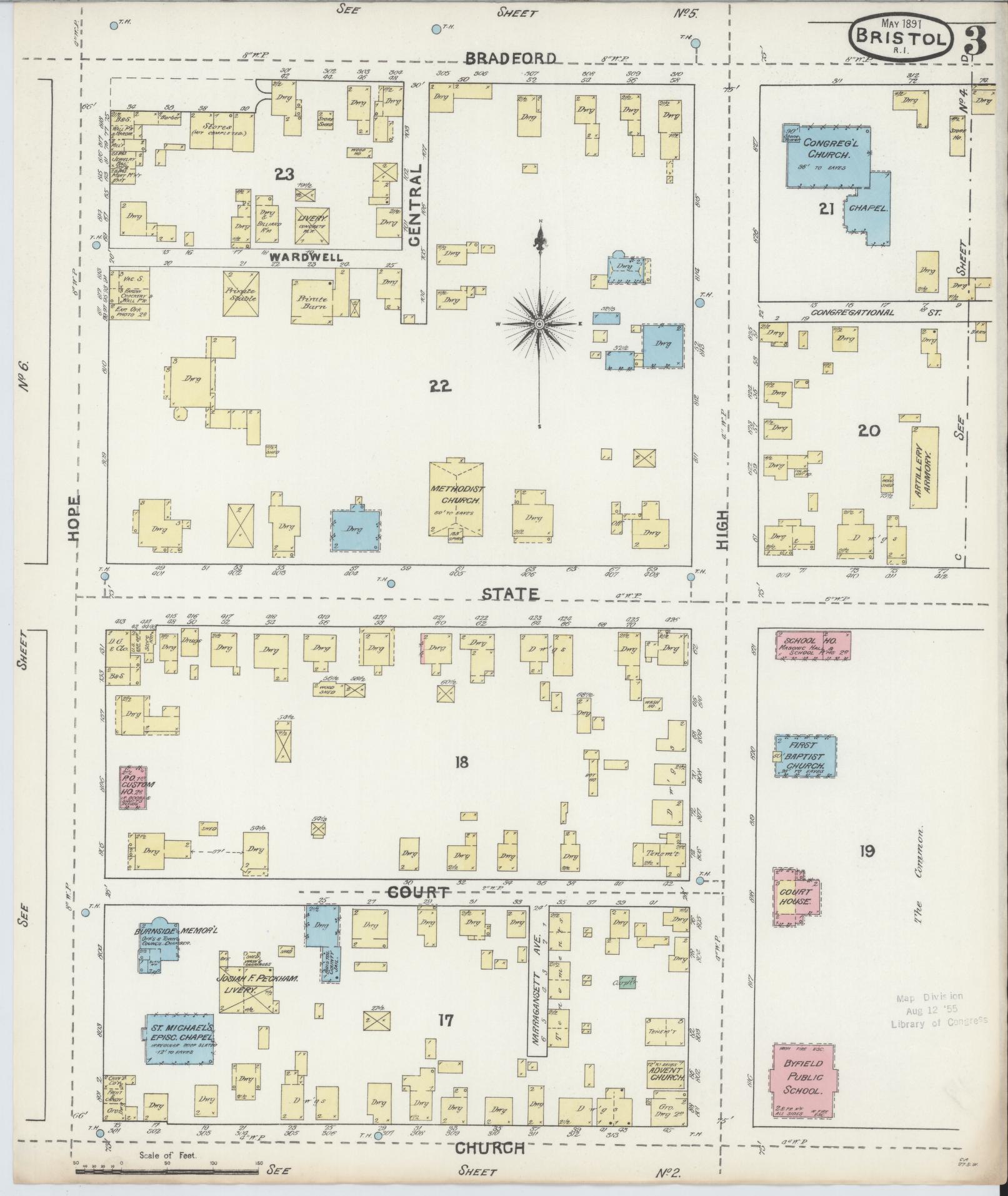 Sanborn Fire Insurance Map from Bristol, Bristol County, Rhode Island (1891), Sheet #0003 - Historic Sanborn Fire Insurance Map Print, vintage old map wall art, antique decor, genealogy gift, Rhode Island Rhode Island map