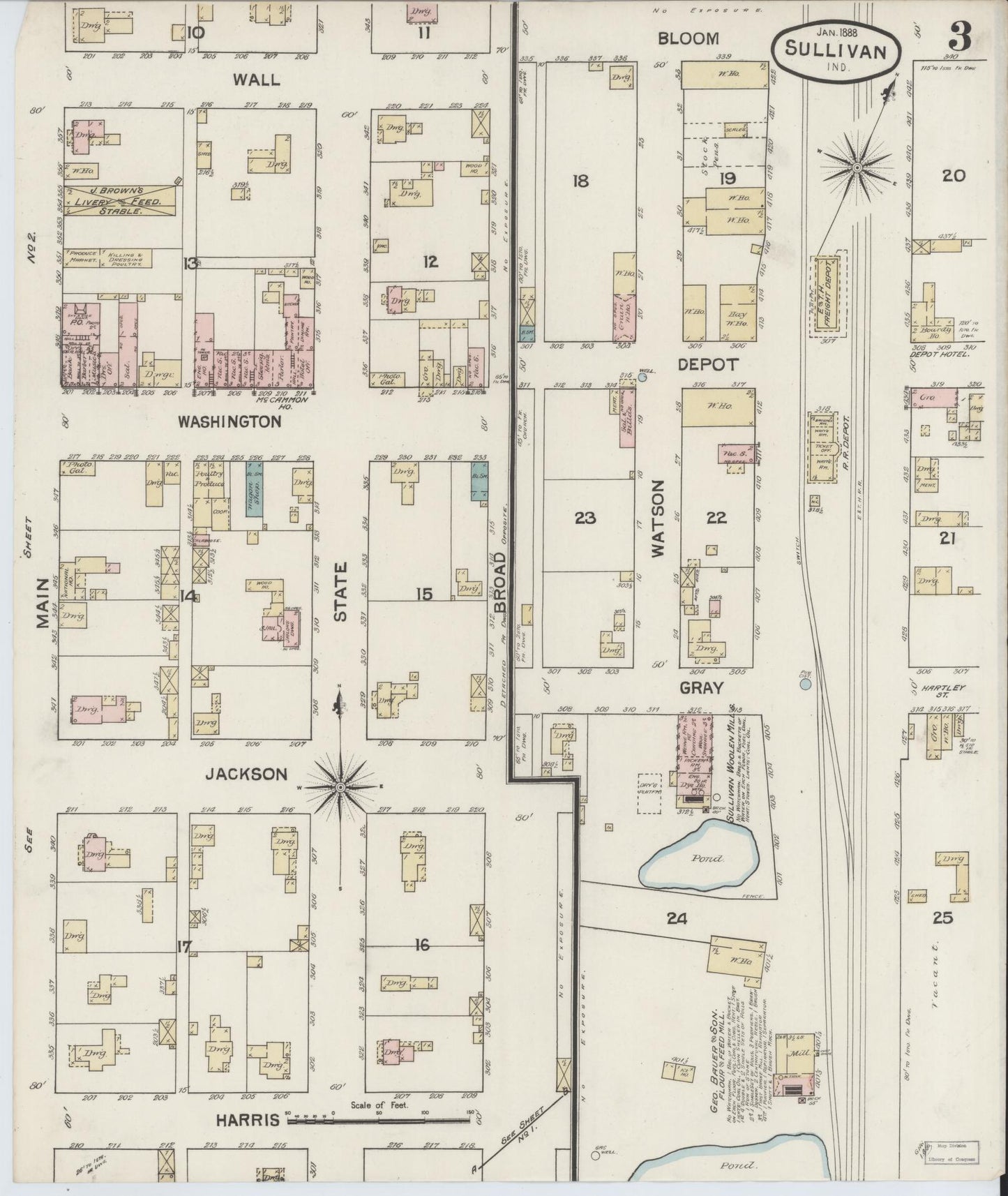 Sanborn Fire Insurance Map from Sullivan, Sullivan County, Indiana (1888), Sheet #0003 - Historic Sanborn Fire Insurance Map Print, vintage old map wall art, antique decor, genealogy gift, Indiana Indiana map