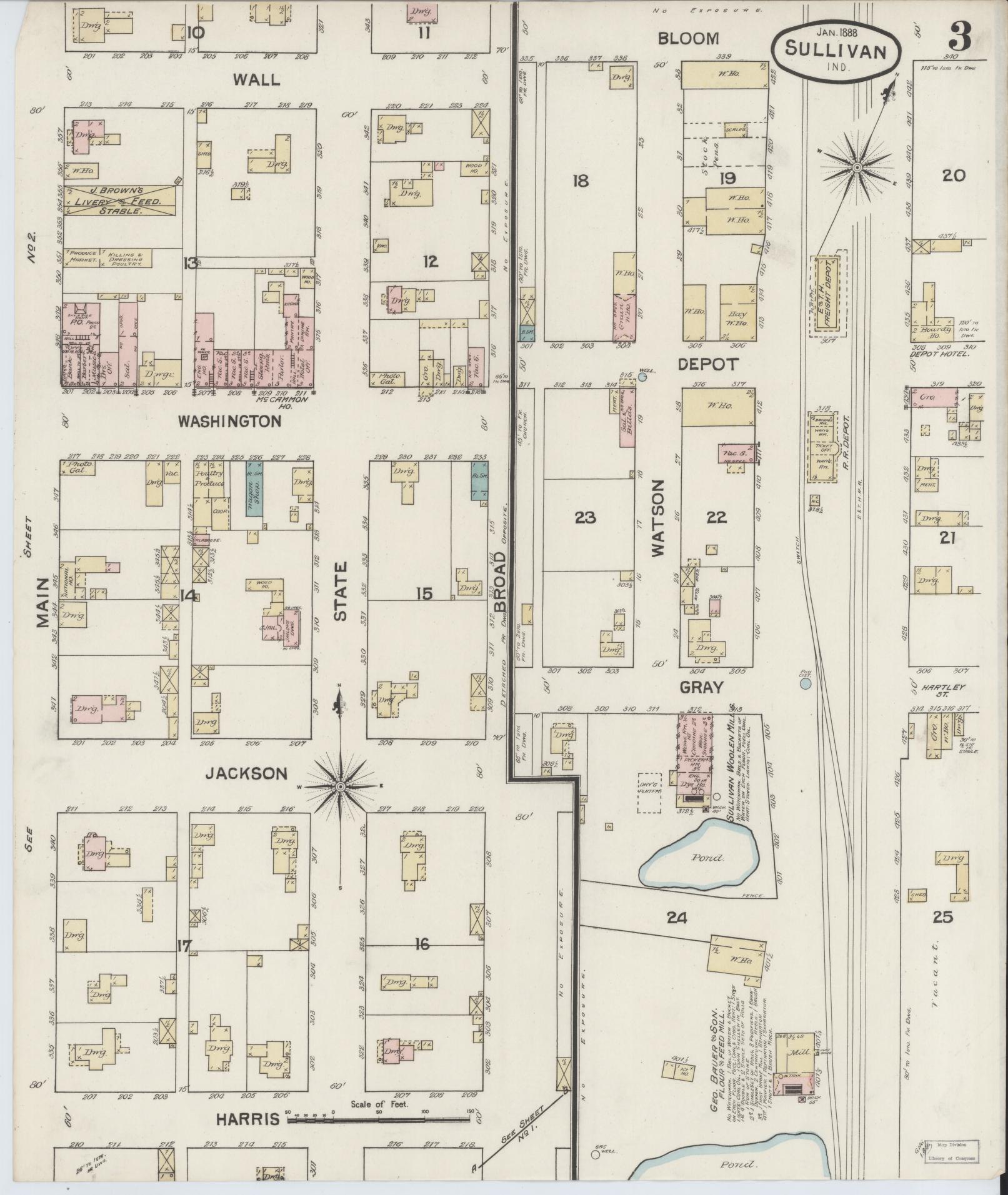 Sanborn Fire Insurance Map from Sullivan, Sullivan County, Indiana (1888), Sheet #0003 - Historic Sanborn Fire Insurance Map Print, vintage old map wall art, antique decor, genealogy gift, Indiana Indiana map