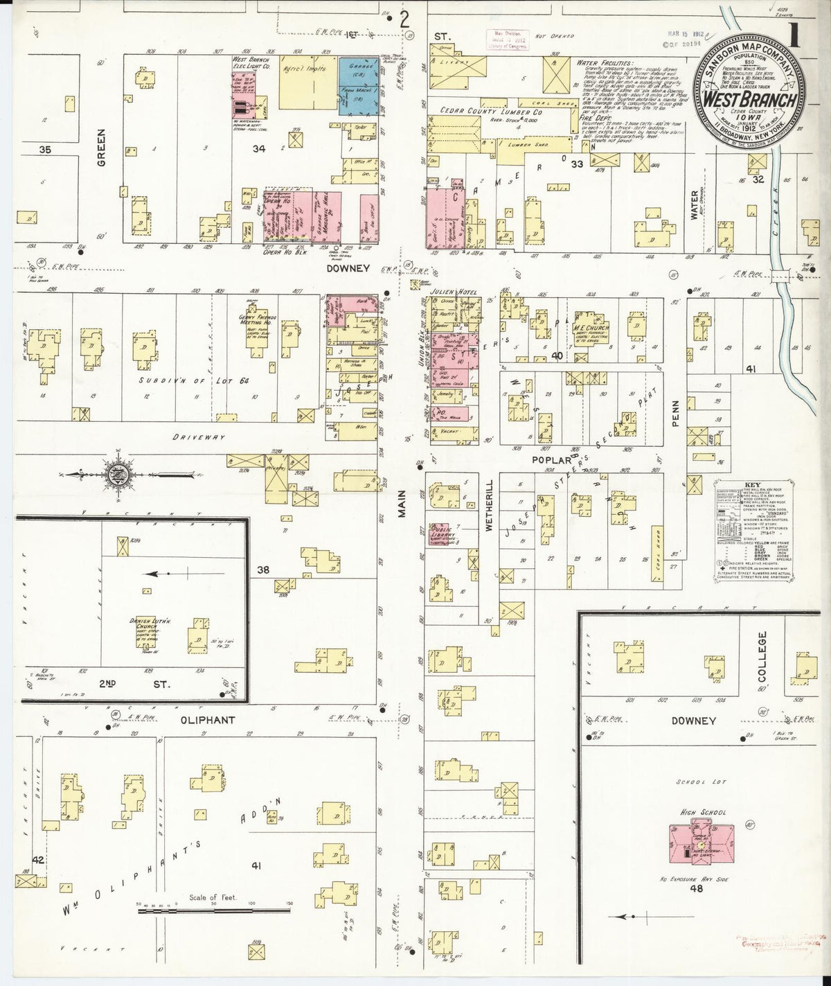 Sanborn Fire Insurance Map from West Branch, Cedar County, Iowa (1912), Sheet #0001 - Historic Sanborn Fire Insurance Map Print, vintage old map wall art