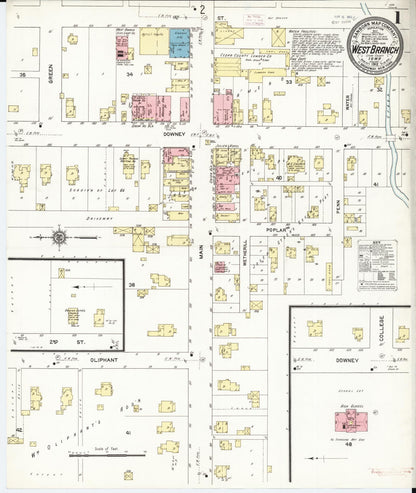 Sanborn Fire Insurance Map from West Branch, Cedar County, Iowa (1912), Sheet #0001 - Historic Sanborn Fire Insurance Map Print, vintage old map wall art