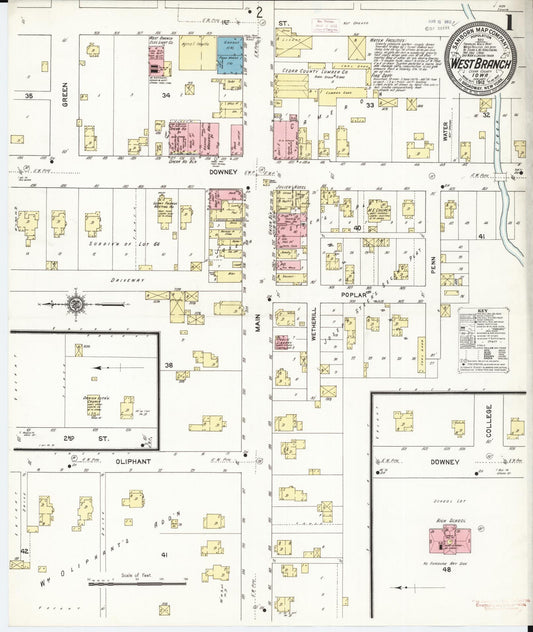 Sanborn Fire Insurance Map from West Branch, Cedar County, Iowa (1912), Sheet #0001 - Historic Sanborn Fire Insurance Map Print, vintage old map wall art