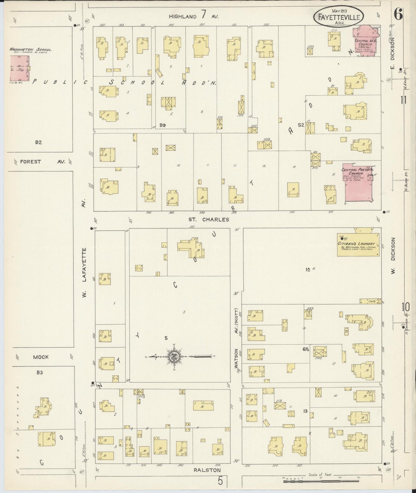 Sanborn Fire Insurance Map from Fayetteville, Washington County, Arkansas (1913), Sheet #0006 - Historic Sanborn Fire Insurance Map Print, vintage old map wall art, antique decor, genealogy gift, Arkansas Arkansas map