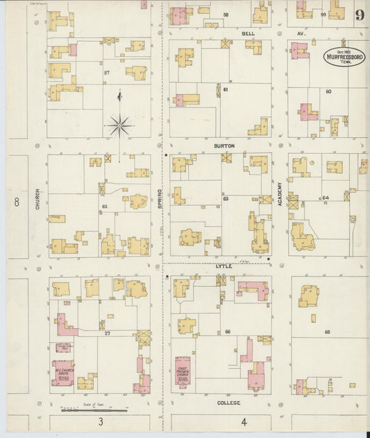 Sanborn Fire Insurance Map from Murfreesboro, Rutherford County, Tennessee (1902), Sheet #0009 - Historic Sanborn Fire Insurance Map Print, vintage old map wall art, antique decor, genealogy gift, Tennessee Tennessee map
