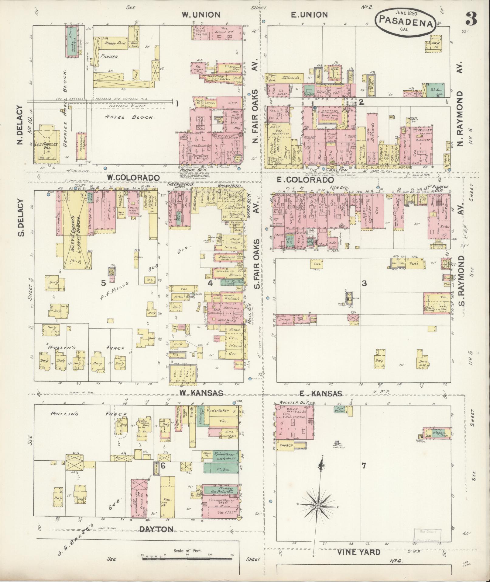 Sanborn Fire Insurance Map from Pasadena, Los Angeles County, California (1890), Sheet #0003 - Complete Map Set gallery image, historic Sanborn map, vintage wall art, California California