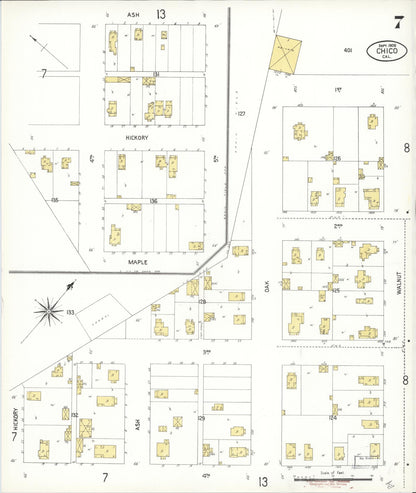Sanborn Fire Insurance Map from Chico, Butte County, California (1909), Sheet #0007 - Historic Sanborn Fire Insurance Map Print, vintage old map wall art, antique decor, genealogy gift, California California map