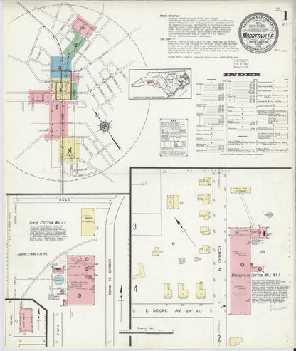 Sanborn Fire Insurance Map from Mooresville, Iredell County, North Carolina (1914), Sheet #0001 - Historic Sanborn Fire Insurance Map Print, vintage old map wall art, antique decor, genealogy gift, North Carolina North Carolina map
