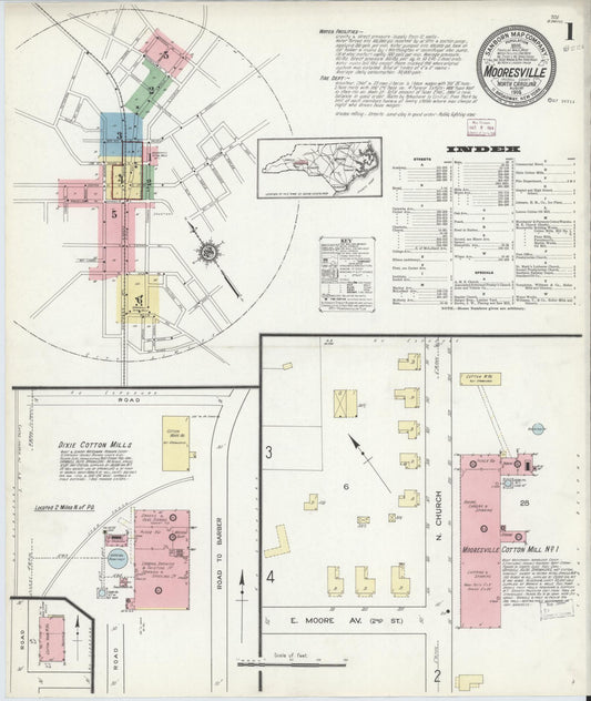 Sanborn Fire Insurance Map from Mooresville, Iredell County, North Carolina (1914), Sheet #0001 - Historic Sanborn Fire Insurance Map Print, vintage old map wall art, antique decor, genealogy gift, North Carolina North Carolina map